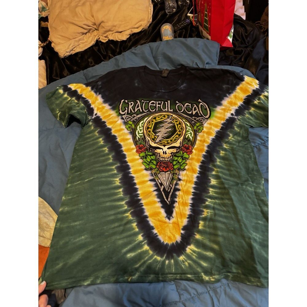 Grateful Dead Shamrock Skull Rose Double Sided Tie Dye Liquid Blue USA XL